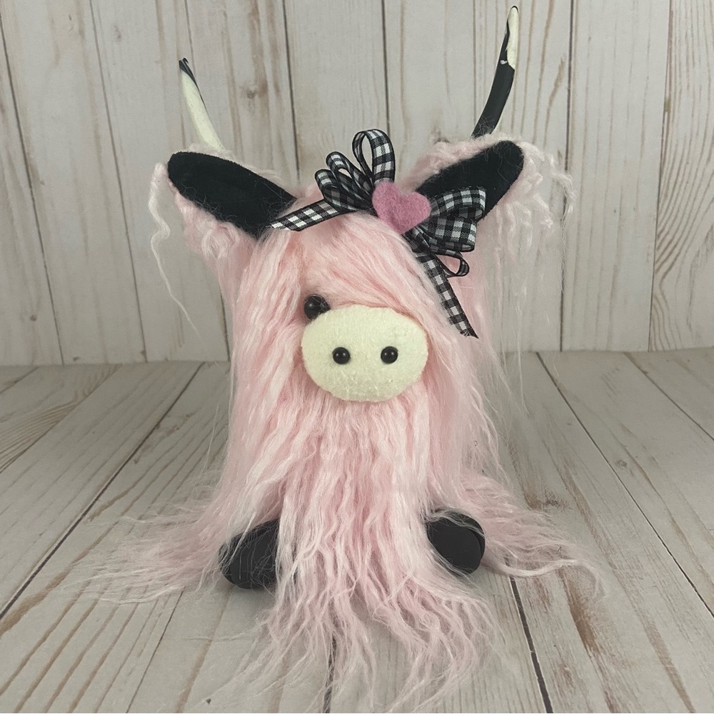 Pink Highland Cow Gnome Plush Handmade Shaggy Hairy Coo Stuffed Animal Bow Heart